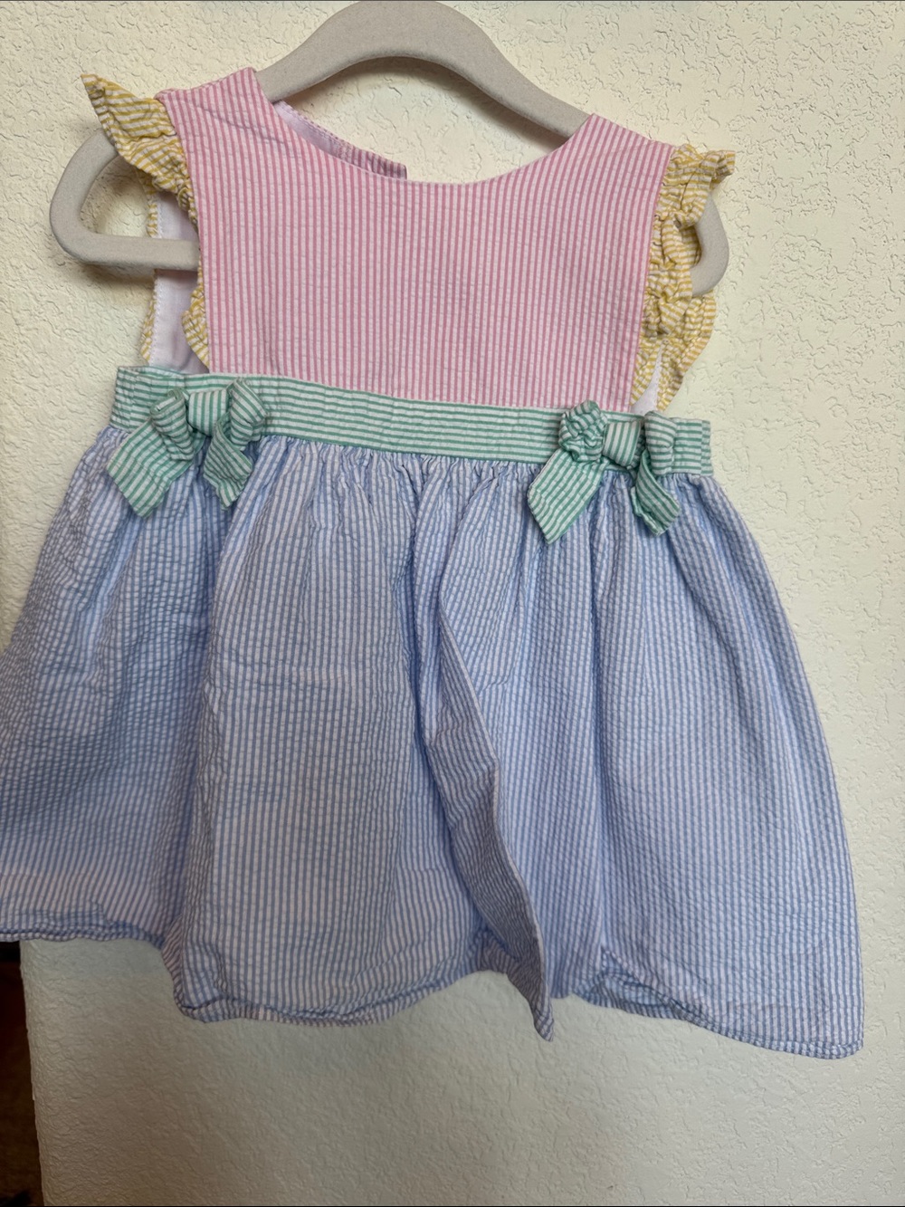 Starting Out Pink Bodice Blue Skirt Green Bow Trim Casual Dress